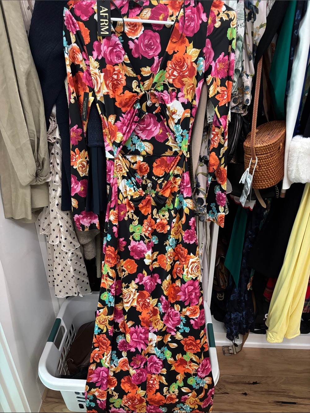 AFRM Black Maxi Dress with Pink, Orange, Green Floral Print